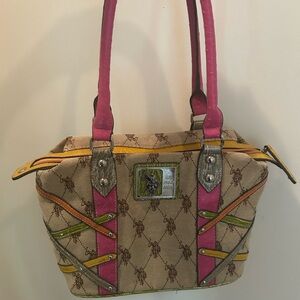 U.S. Polo Assn. Pink, Tan, Green, and Yellow Shoulder Bag with Monogram Print